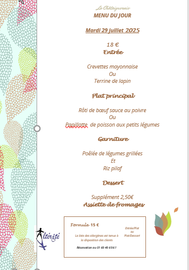 Menu du jour le Mardi 29 Juillet 2025