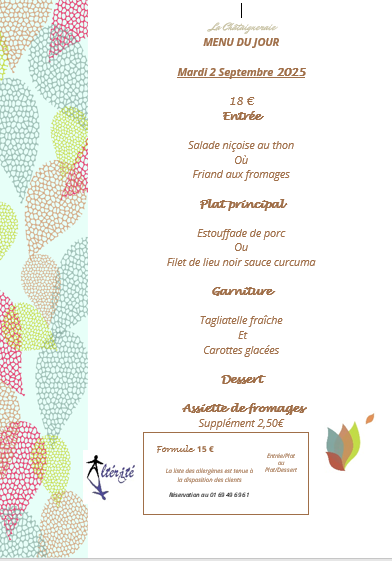 Menu du jour le Mardi 02 Septembre 2025