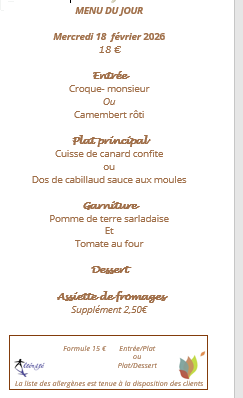 Menu du jour le Mercredi 18 février 2026