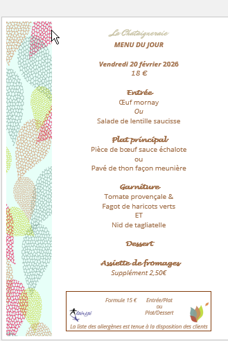 Menu du jour le Vendredi 20 février 2026