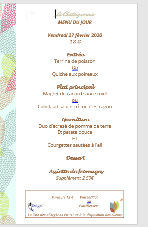 Menu du jour le Vendredi 27 février 2026