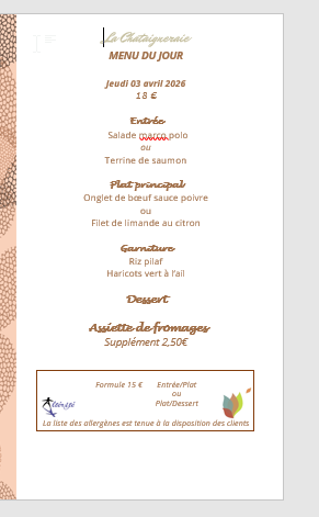 Menu du jour le Jeudi 2 avril 2026