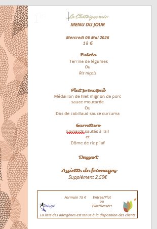 Menu du jour le mercredi 06 mai 2026