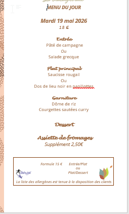 Menu du jour le  mardi 19 mai 2026