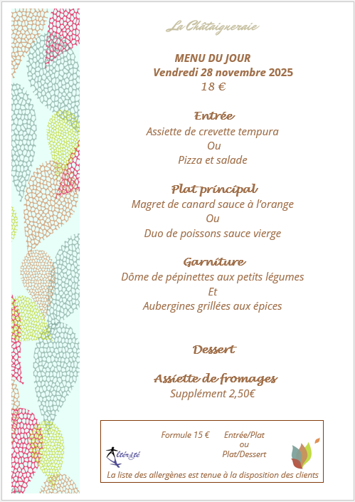 Menu du jour le vendredi 28 novembre 2025