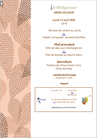 Menu du jour le lundi 13 avril 2026