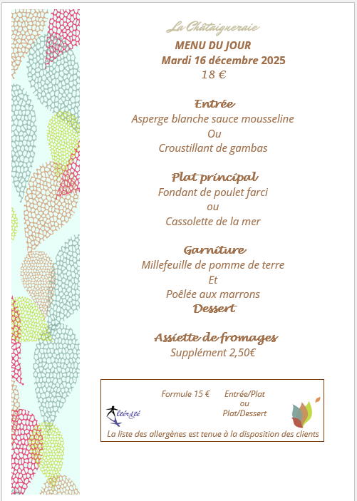 Menu du jour le Mardi 16 décembre 2025