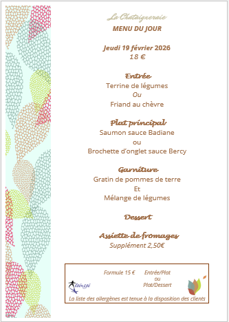 Menu du jour le Jeudi 19 février 2026