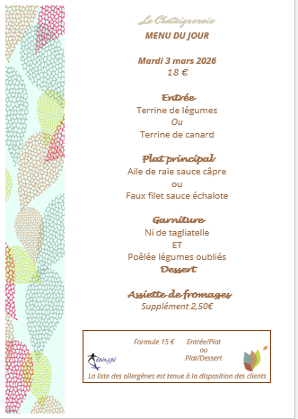 Menu du jour le Mardi 3 Mars 2026