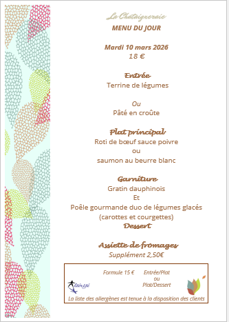 Menu du jour le Mardi 10 Mars 2026