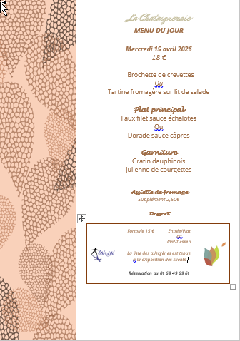 Menu du jour le mercredi 15 avril 2026