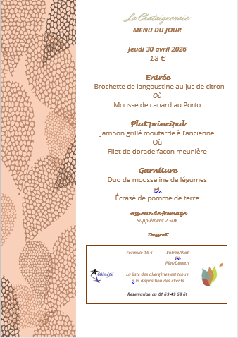 Menu du jour le jeudi 30 avril 2026