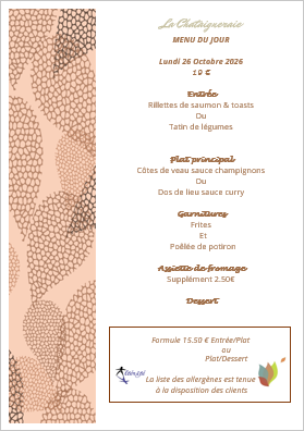 Menu du jour le Lundi 26 octobre 2026
