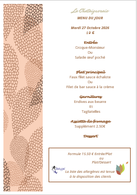 Menu du jour le Mardi 27 octobre 2026