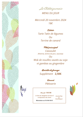 Menu du jour Mercredi 20 Novembre 2024